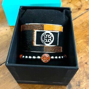 GIFT BOXED Rustic Cuff SET Orange and Black Stretch and Calfhair Bracelets